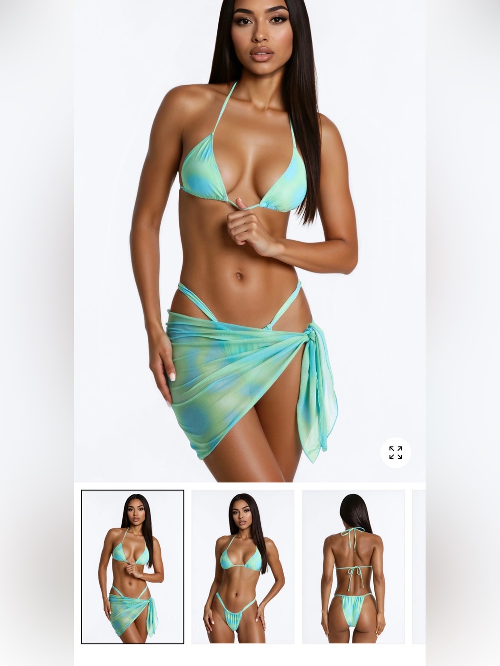 3 pcs Triangle Bikini Set with Sheer Sarong - Mint Green